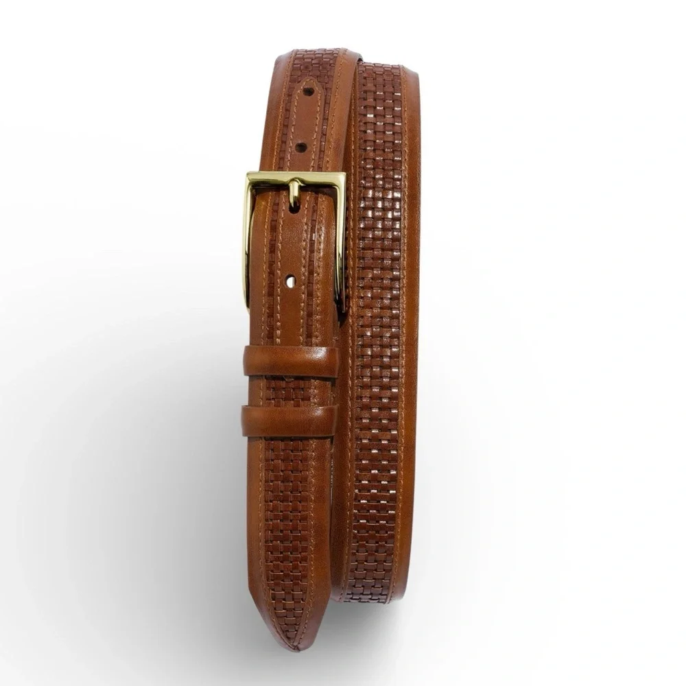 ALLEN EDMONDS Men’s Woven Inlay Brown Belt with Goldtone Buckle Size 38